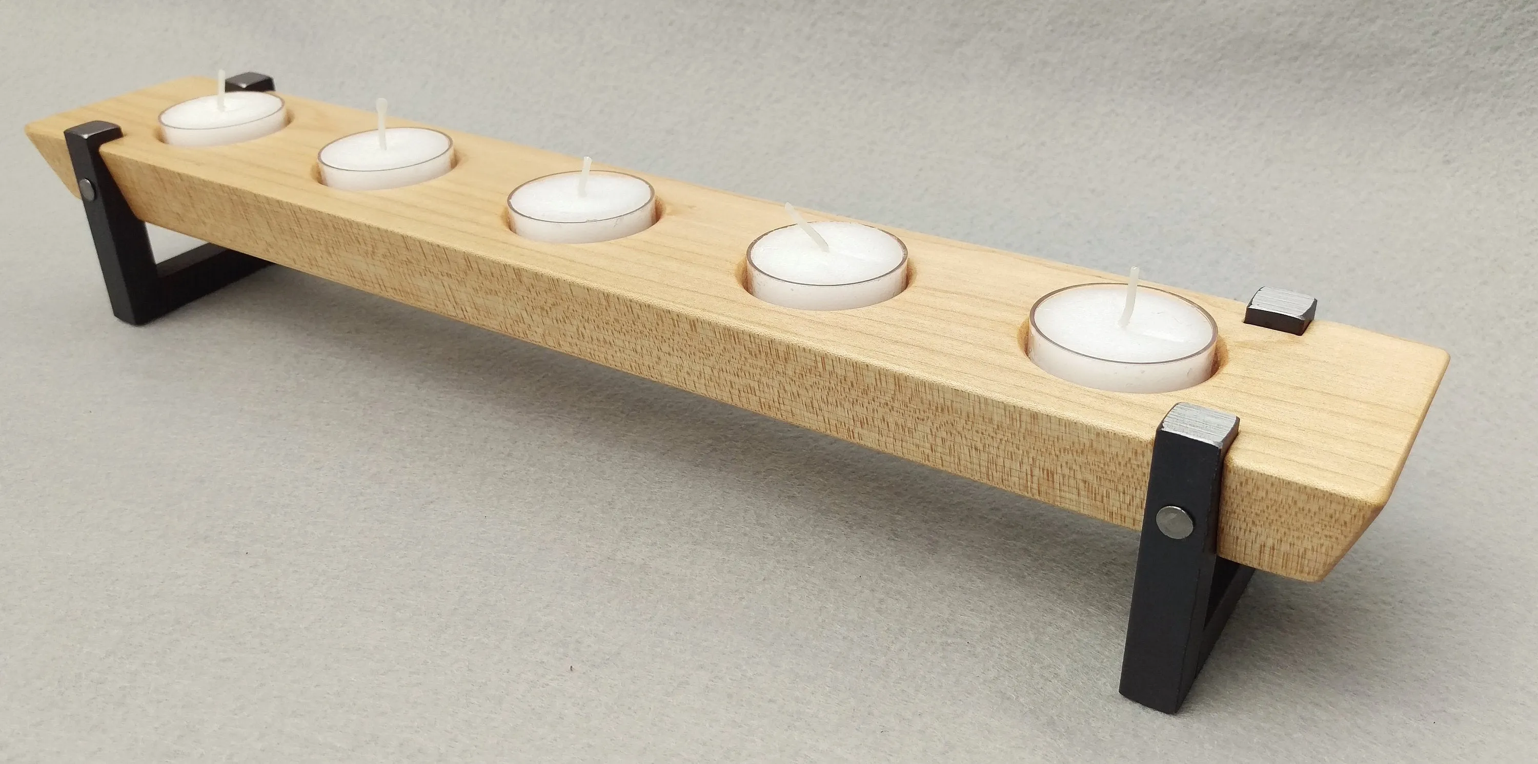 Wood and Metal Tea Light Candle Holder - Maple and Welded Steel Votive Holder - 5 Tea Light Candles Included