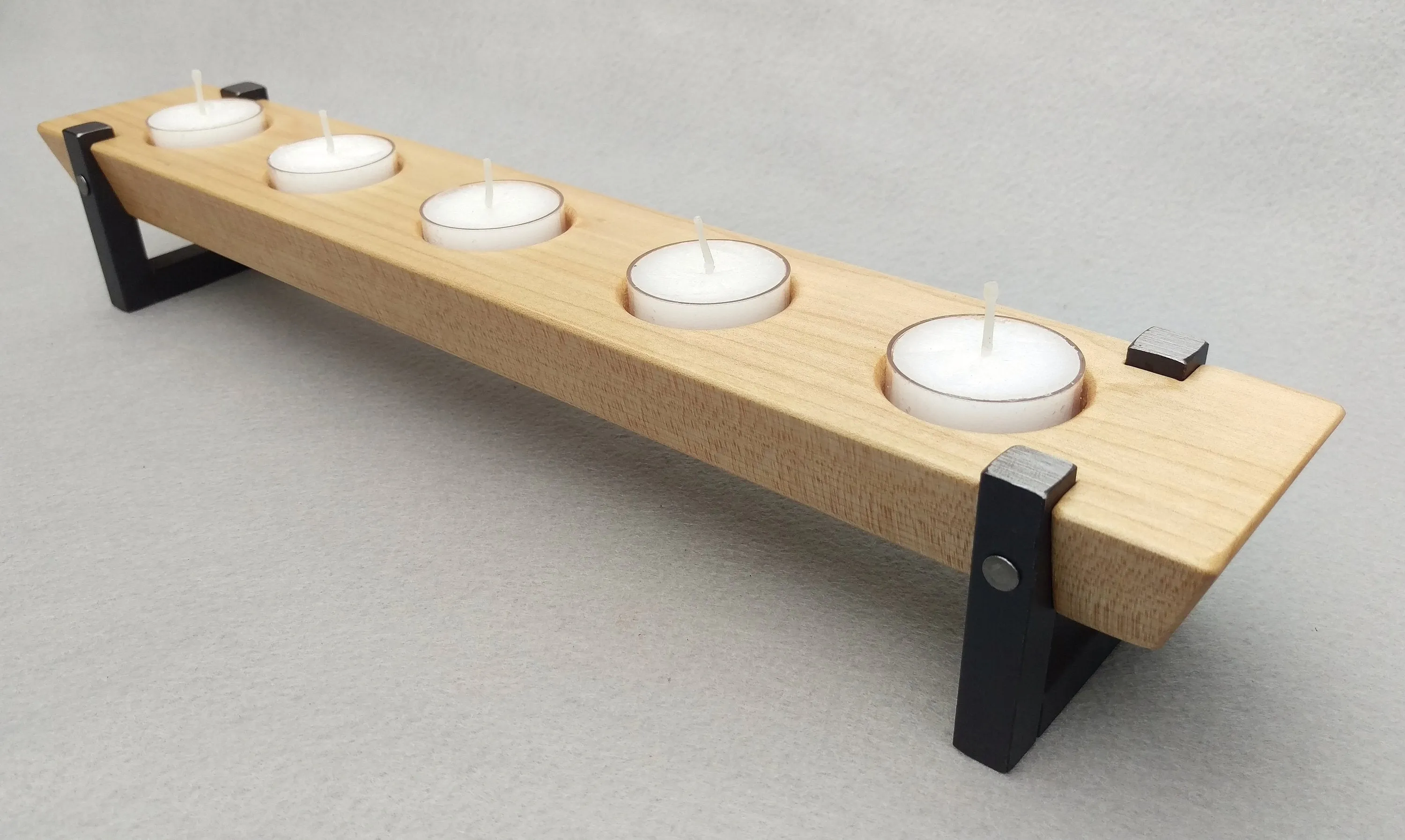 Wood and Metal Tea Light Candle Holder - Maple and Welded Steel Votive Holder - 5 Tea Light Candles Included