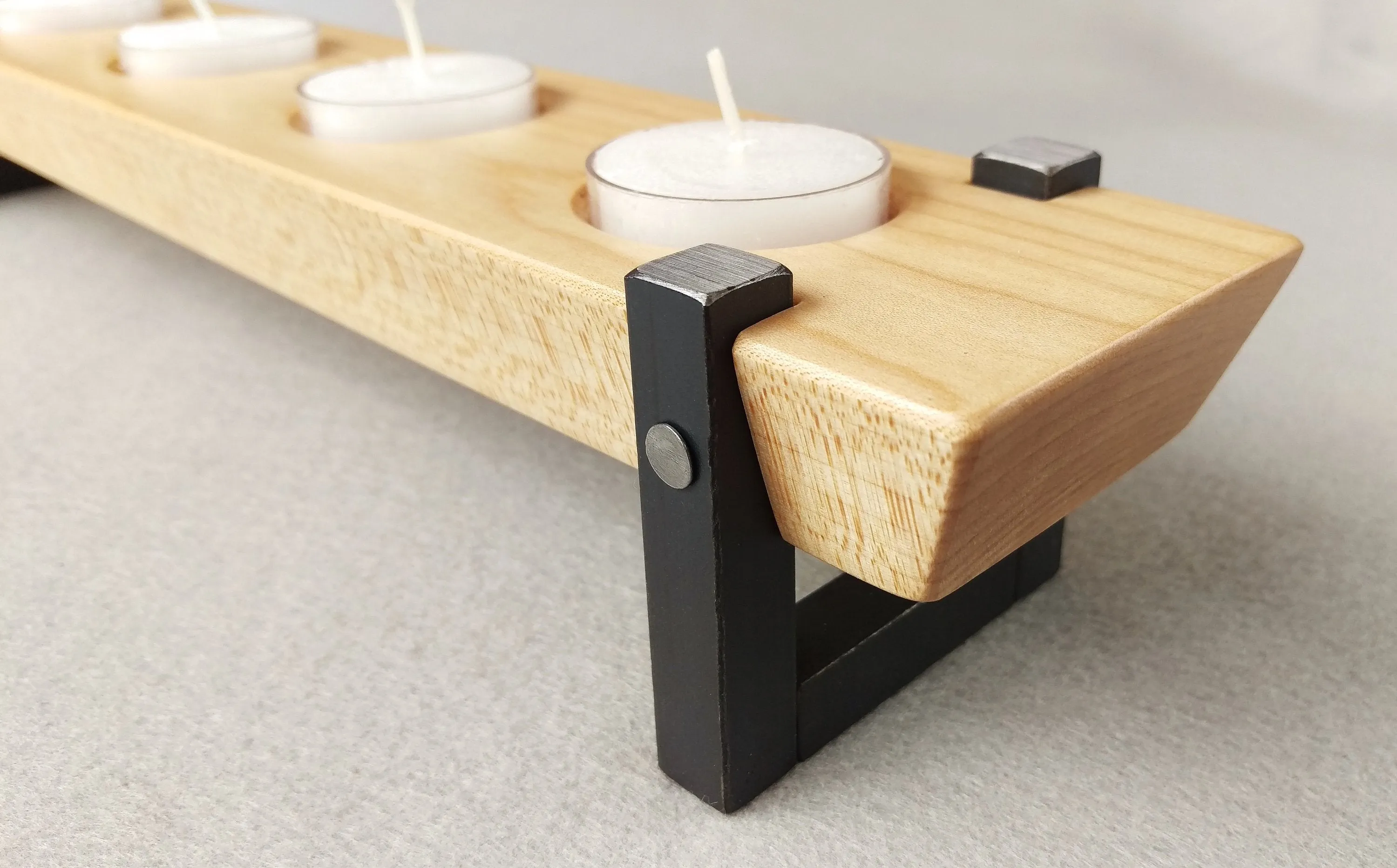 Wood and Metal Tea Light Candle Holder - Maple and Welded Steel Votive Holder - 5 Tea Light Candles Included
