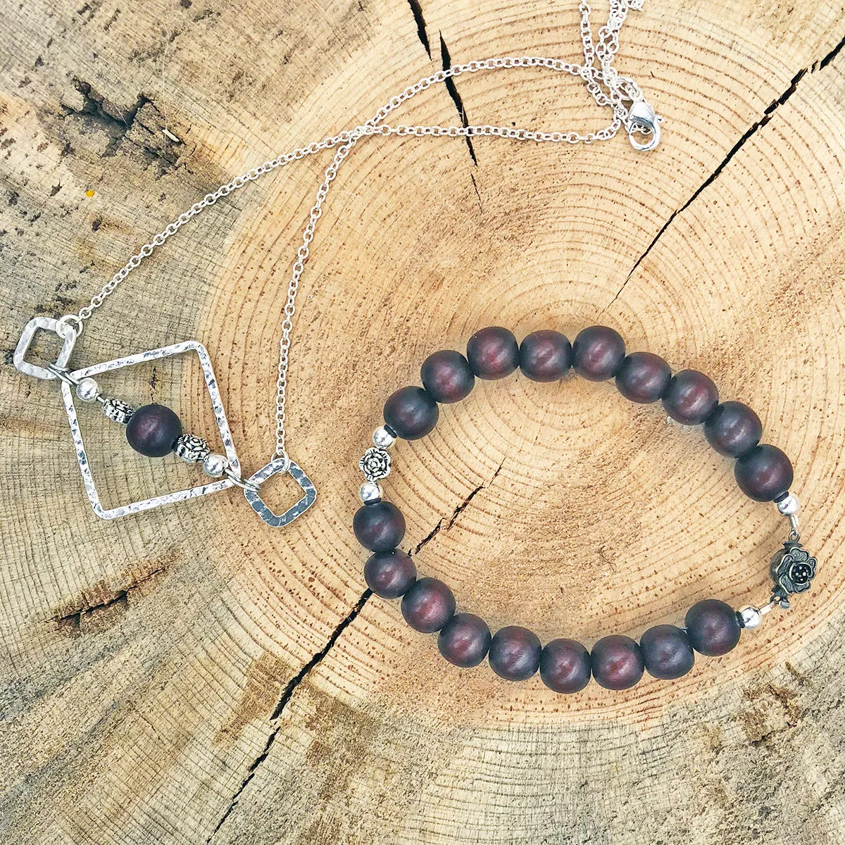 Wood Bead Bracelet with Metallic Floral Accents