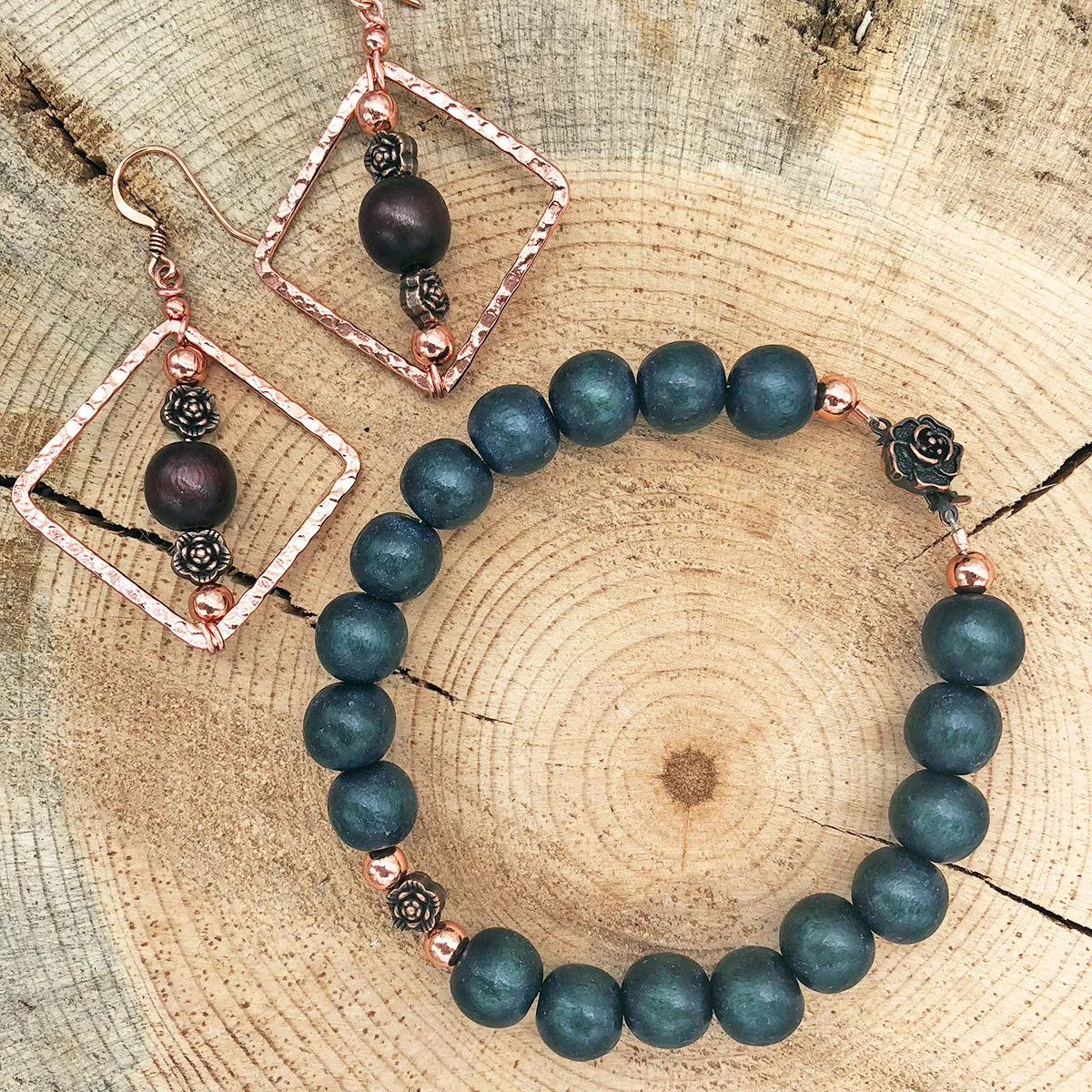 Wood Bead Bracelet with Metallic Floral Accents