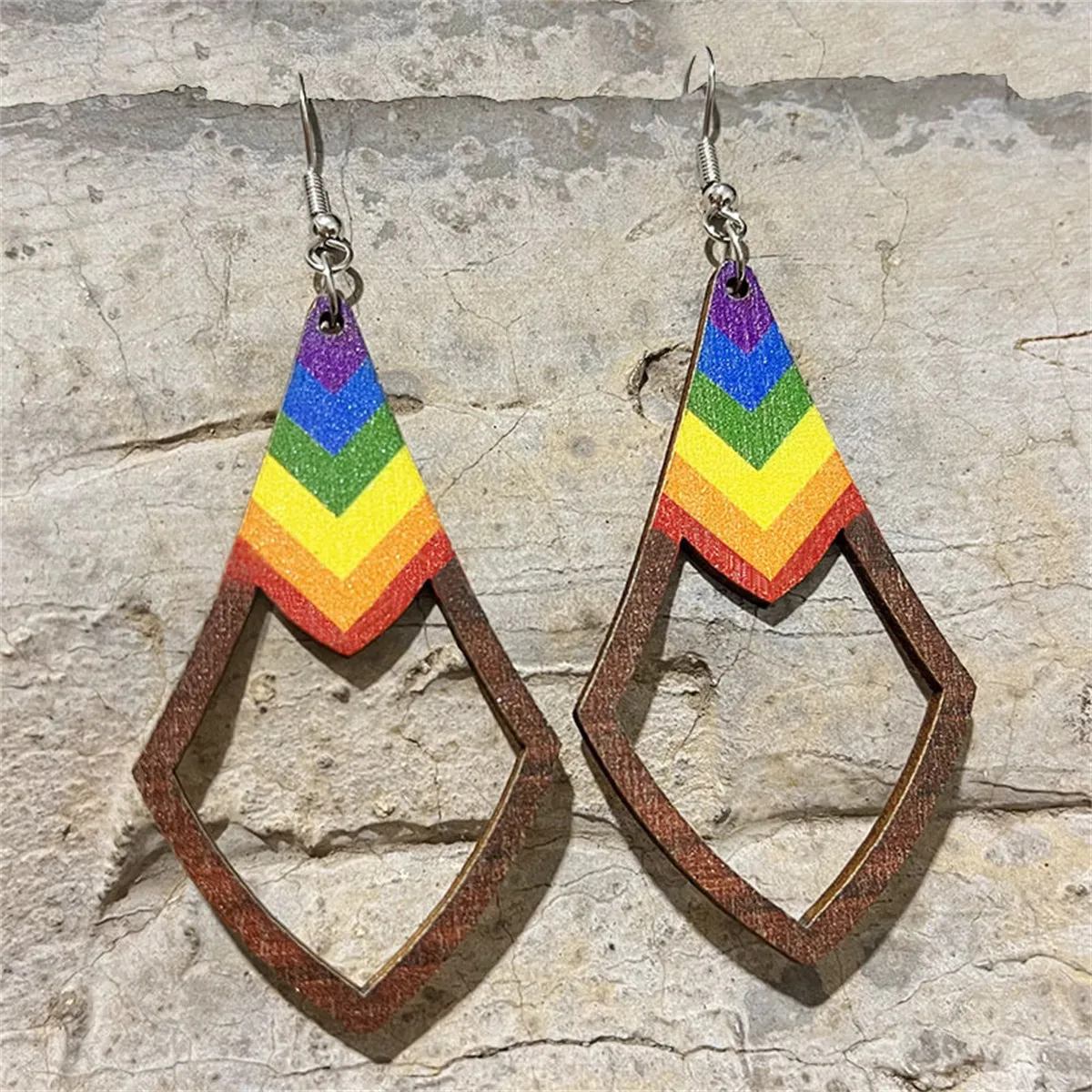 Wood Rainbow Chevron Open Rhombus Drop Earrings