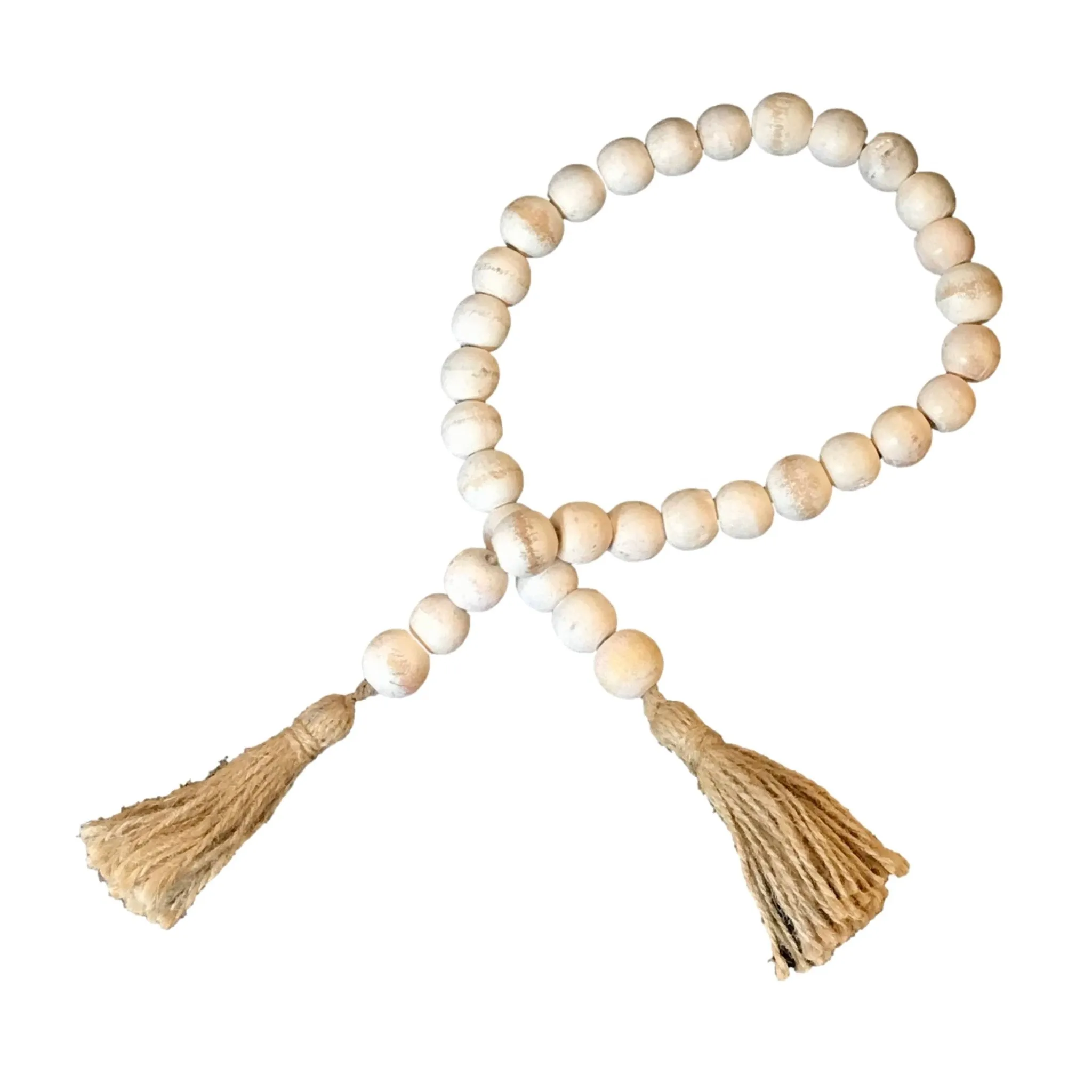 Wooden Boho Bead Garland with Natural Jute Tassels-Whitewash: Grey Washed