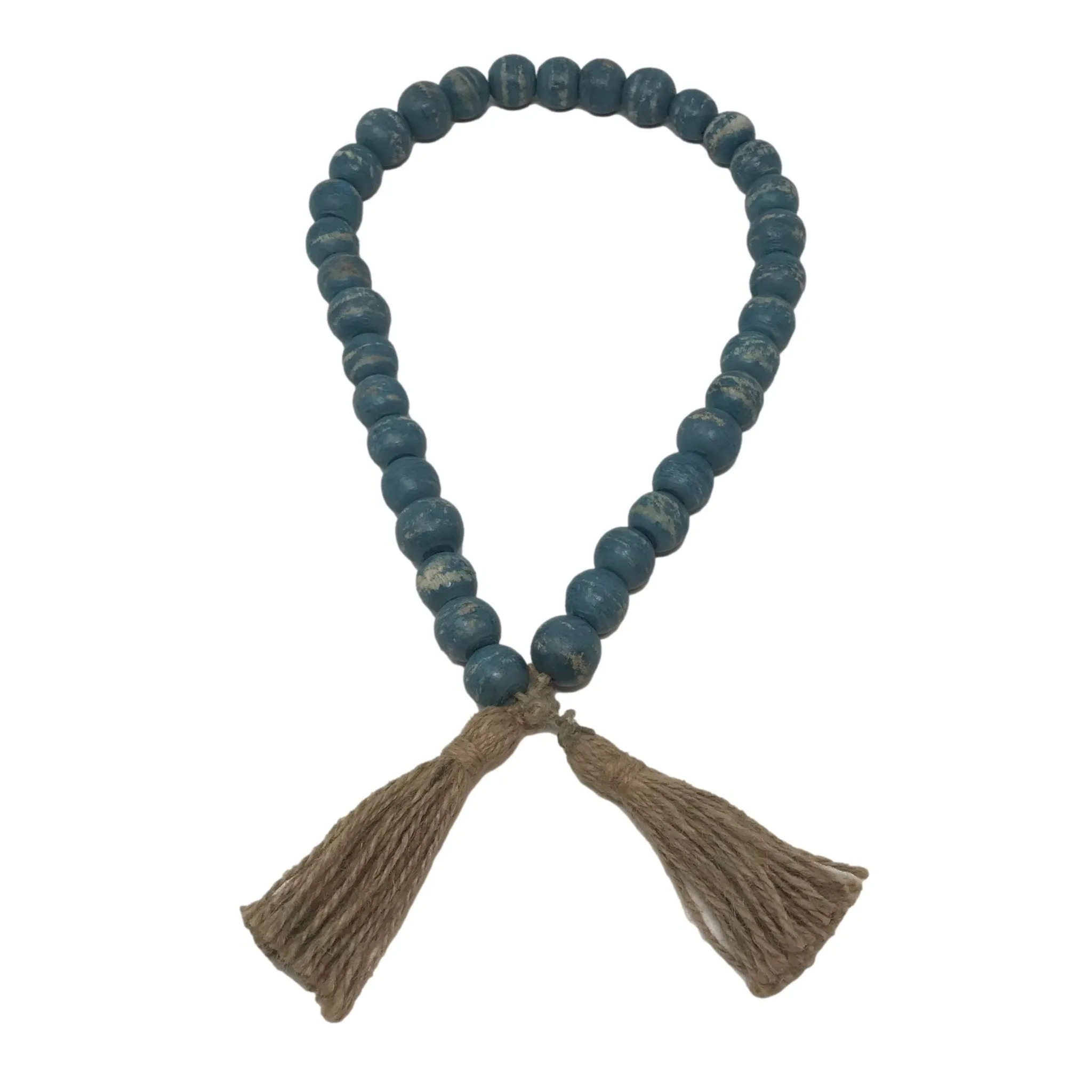 Wooden Boho Bead Garland with Natural Jute Tassels-Whitewash: Grey Washed