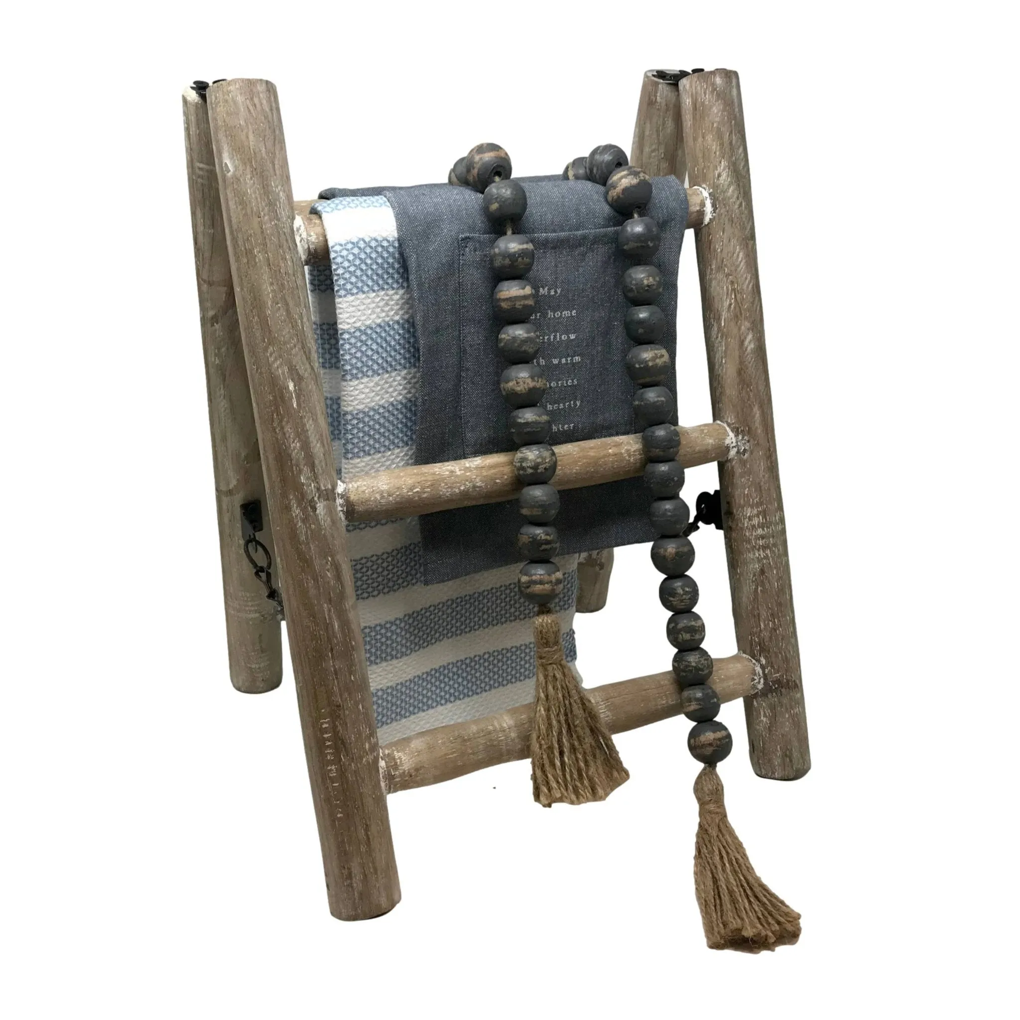 Wooden Boho Bead Garland with Natural Jute Tassels-Whitewash: Grey Washed
