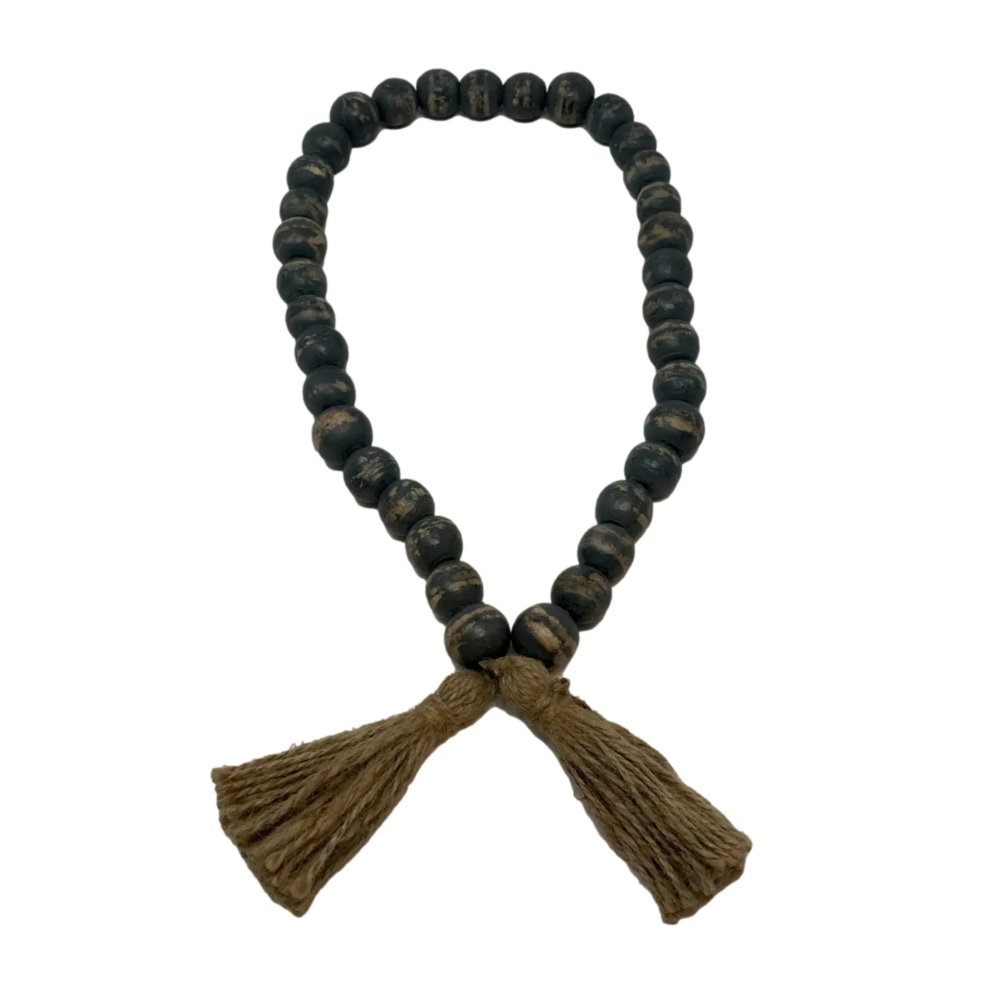 Wooden Boho Bead Garland with Natural Jute Tassels-Whitewash: Grey Washed
