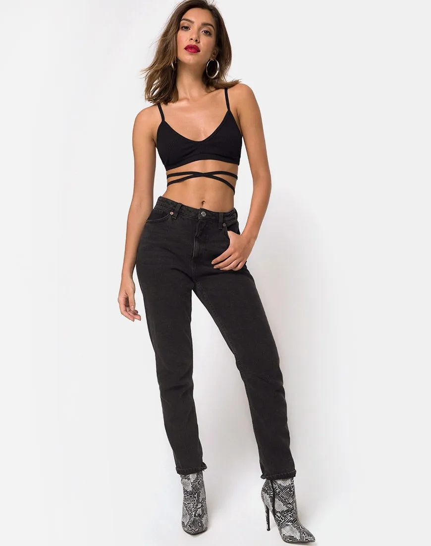 Wrap Around Bralet in Rib Black