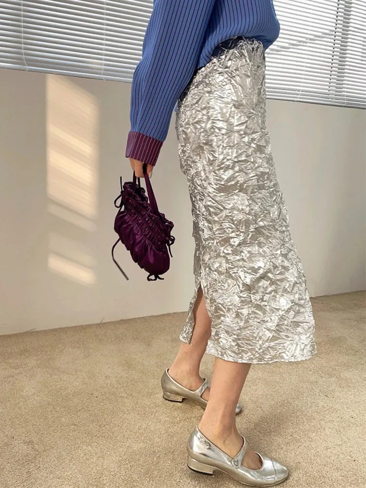 Y2K Silver Wrinkled Midi Skirt