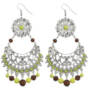 Yellow Brown Wooden Beaded Filigree Earrings