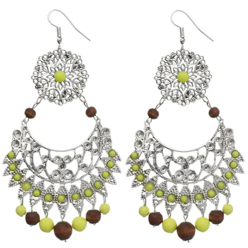 Yellow Brown Wooden Beaded Filigree Earrings