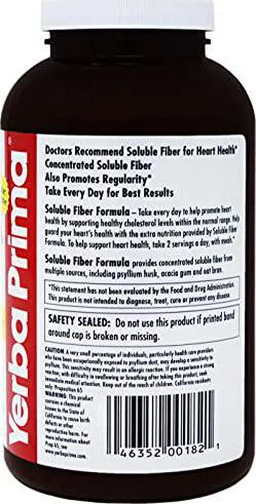 Yerba Prima Soluble Fiber Formula Powder, 12 Ounce - Premium Dietary Fiber Supplement, Natural, Concentrated Soluble Fiber, Promotes Heart Health, Gluten Free, Non-GMO, Made in USA
