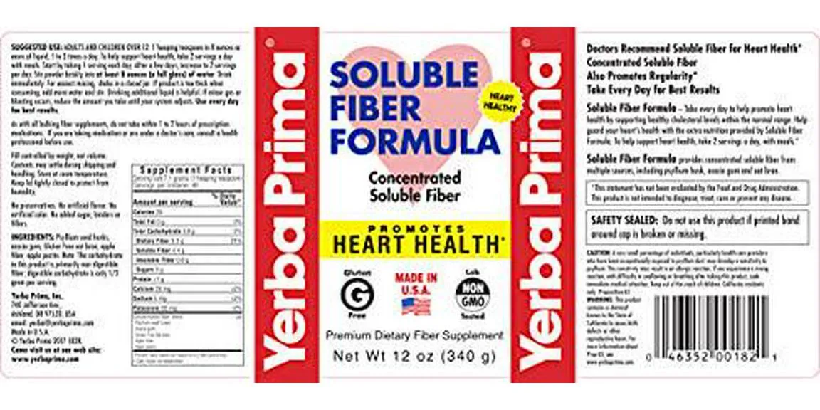Yerba Prima Soluble Fiber Formula Powder, 12 Ounce - Premium Dietary Fiber Supplement, Natural, Concentrated Soluble Fiber, Promotes Heart Health, Gluten Free, Non-GMO, Made in USA