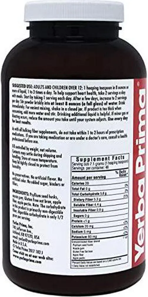 Yerba Prima Soluble Fiber Formula Powder, 12 Ounce - Premium Dietary Fiber Supplement, Natural, Concentrated Soluble Fiber, Promotes Heart Health, Gluten Free, Non-GMO, Made in USA
