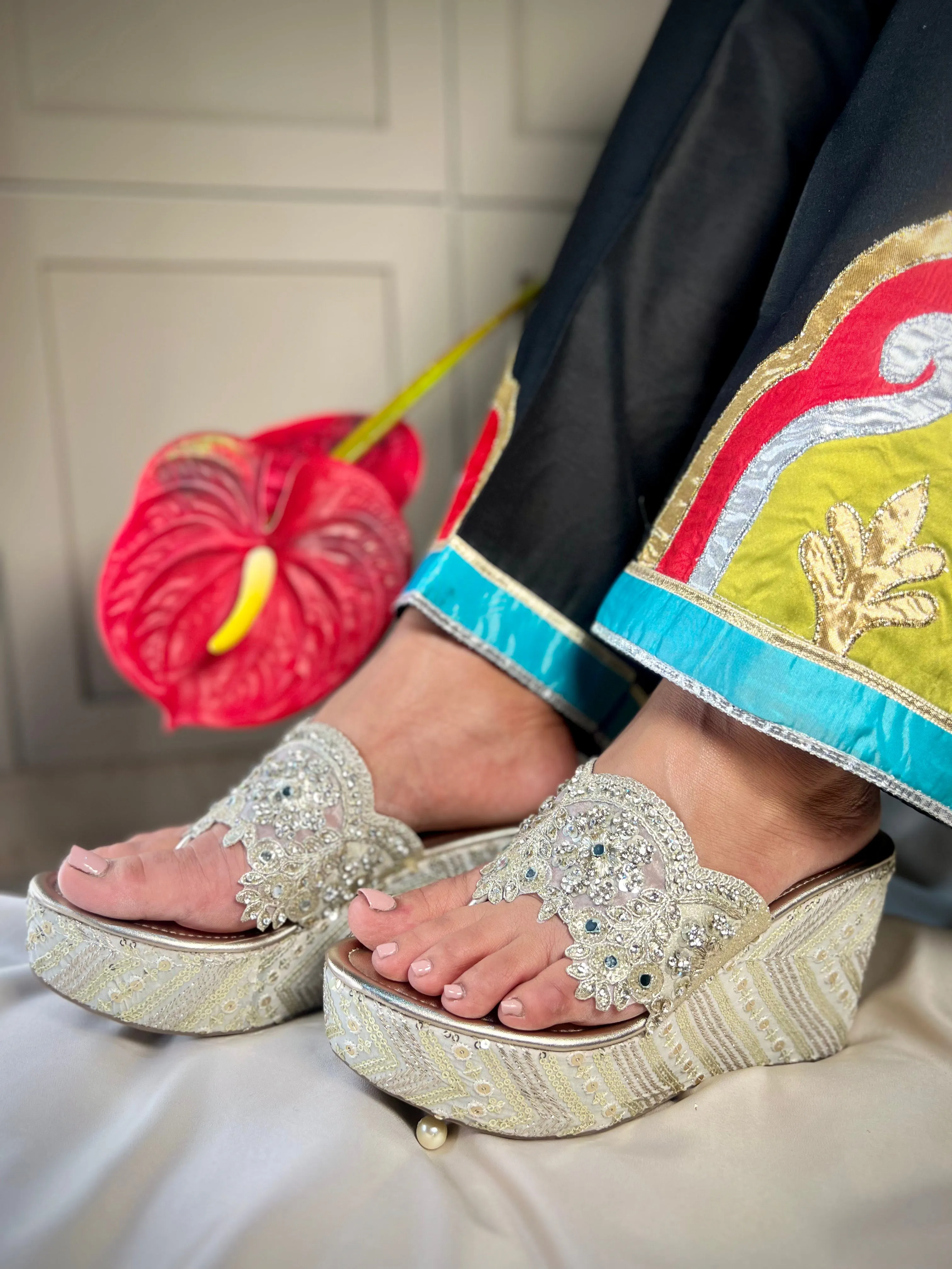 Zari Pearl Embellished Wedge Sandals