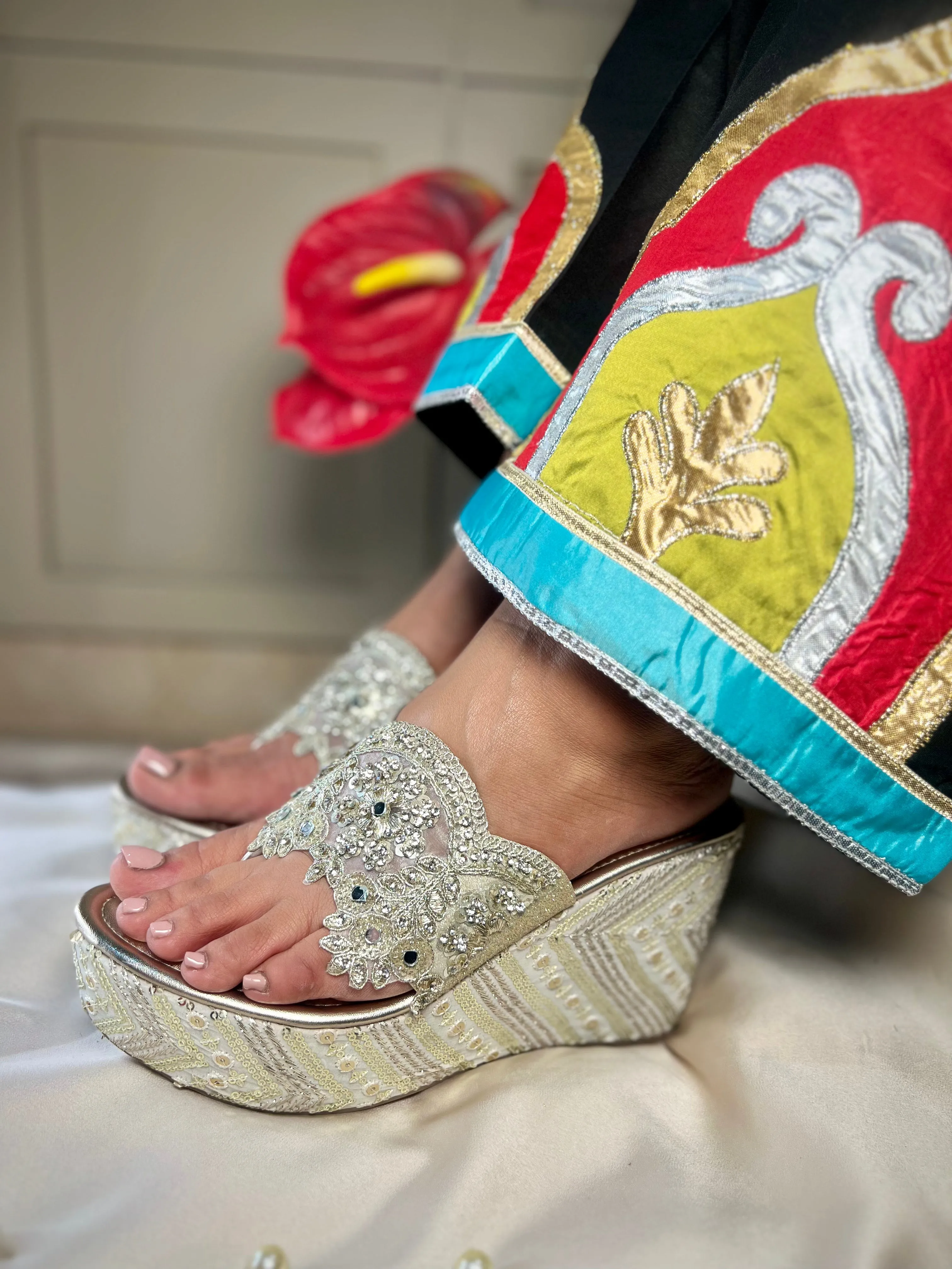 Zari Pearl Embellished Wedge Sandals