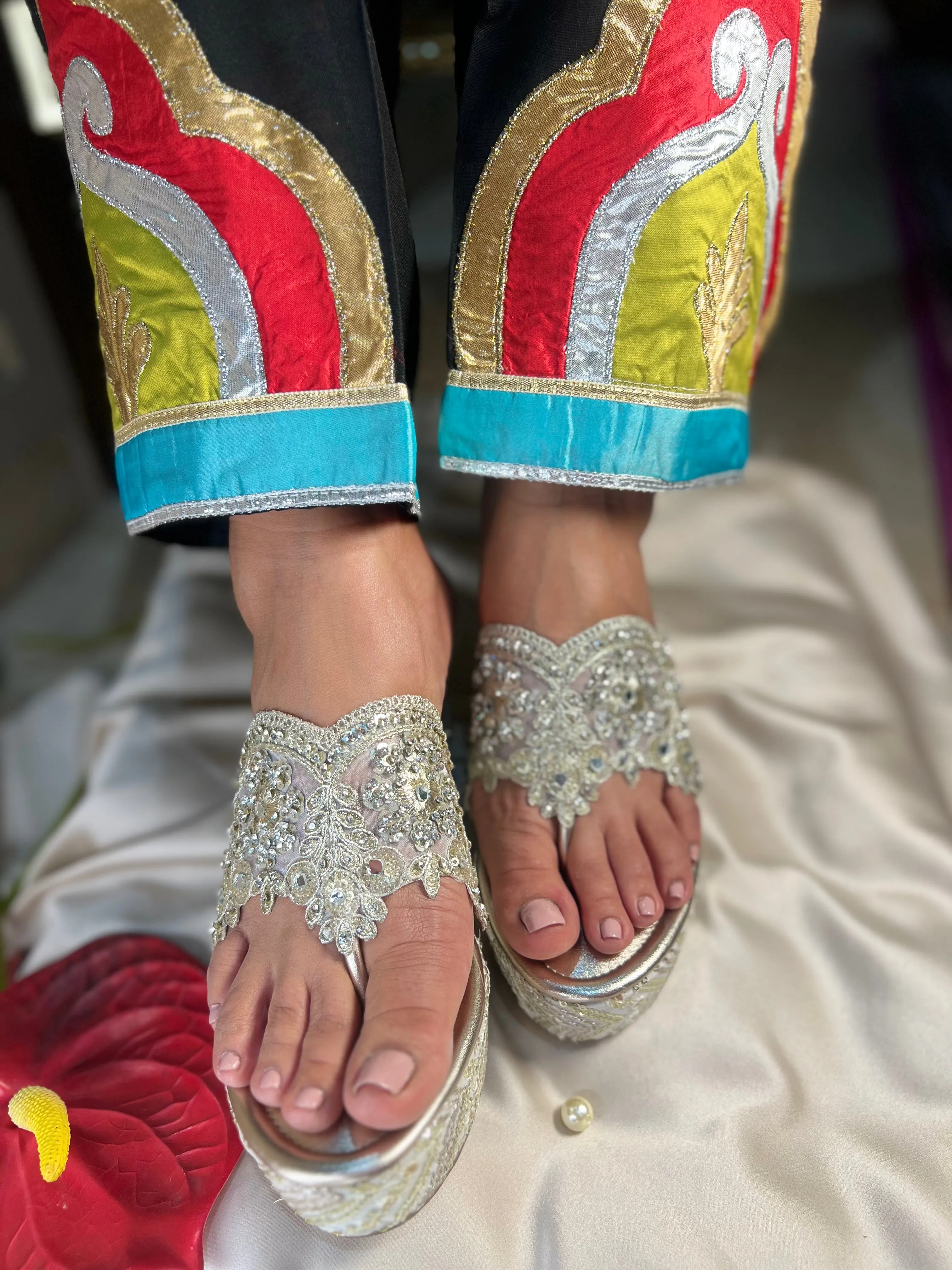 Zari Pearl Embellished Wedge Sandals