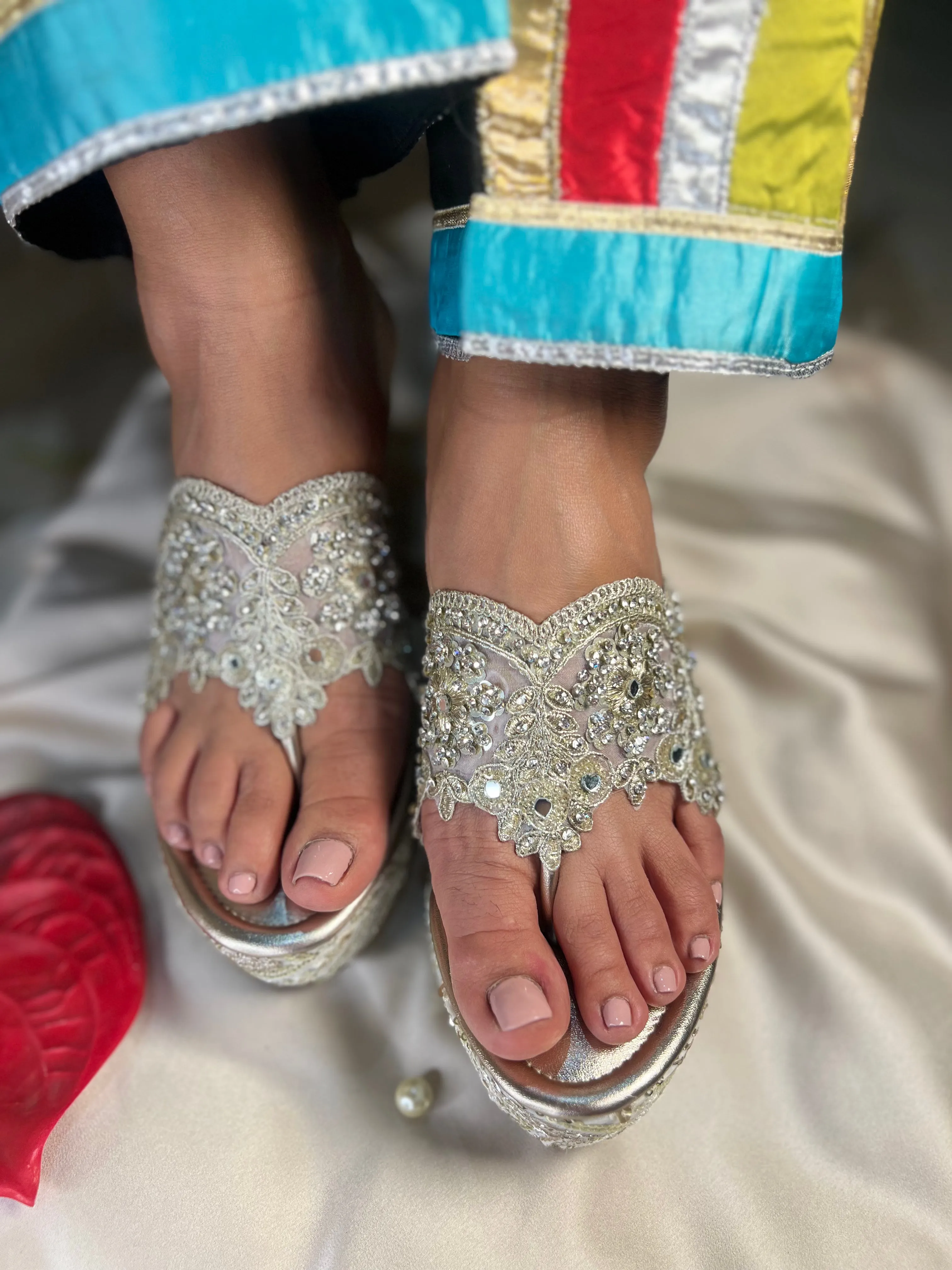 Zari Pearl Embellished Wedge Sandals